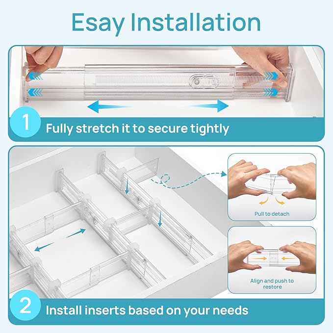 Vtopmart 2.36” Drawer Dividers with Expandable Inserts and 25 PCS Clear Plastic Drawer Organizers Set