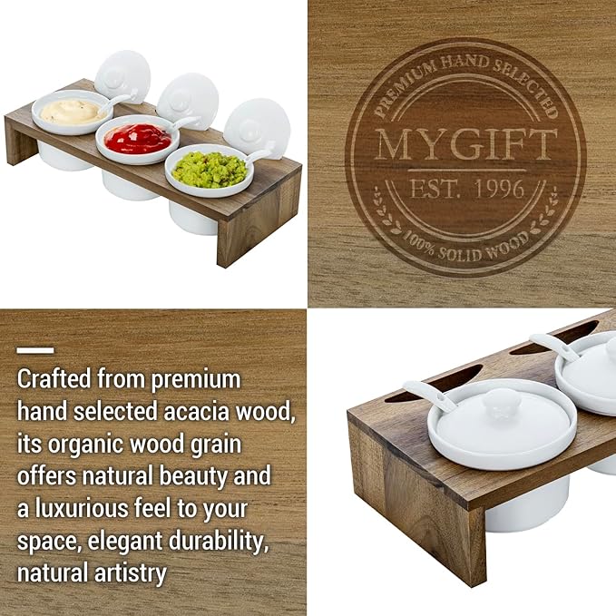 MyGift 10 Pcs Condiment Pot Serving Dish Set, Hosting Essentials, Premium Acacia Solid Wood Raised Display Server Tray and 3 Ceramic Ramekin Dip Bowls with Lids and Spoons