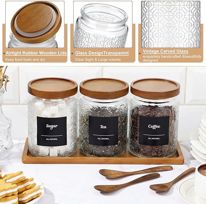3 Pack 24 oz Glass Coffee Container with Wooden Tray Lid Spoon Labels Clear Airtight Glass Jar Food Storage Kitchen Canisters Set Decorative Coffee Bar Containers for Sugar Candy Tea Flour