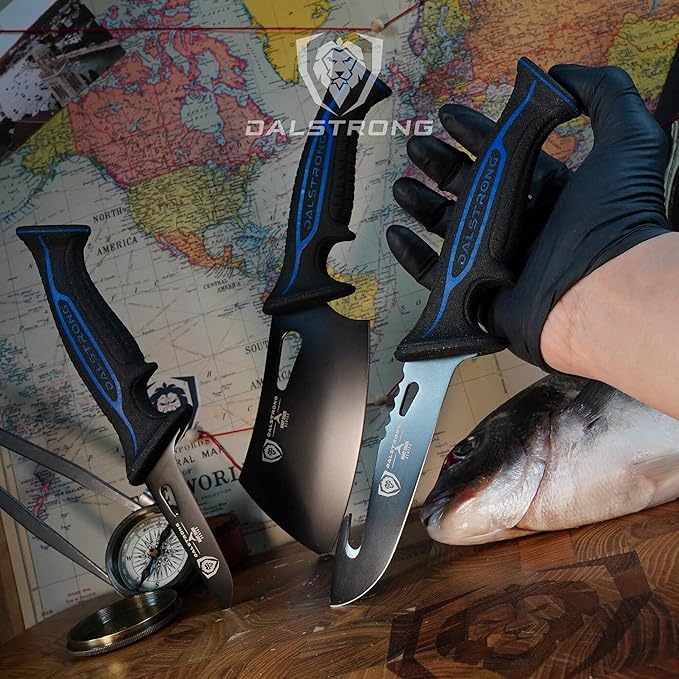 Dalstrong 3pc Kitchen Knife Set-Night Shark Series-High Carbon Steel-Titanium Coated-NonSlip Handle-Boning,Cleaver and Hook Fish Knives - w/Sheath-NSF Certified
