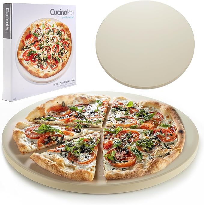 Pizza Stone for Oven, Grill, BBQ - Round 5/8 Inch Extra Thick Baking Stone w Safe Even Heating- XL 16.5" Pan for Crispy Crust, Heavy Duty Cordierite Holds High Temp- Kitchen Essential Must Have Gift