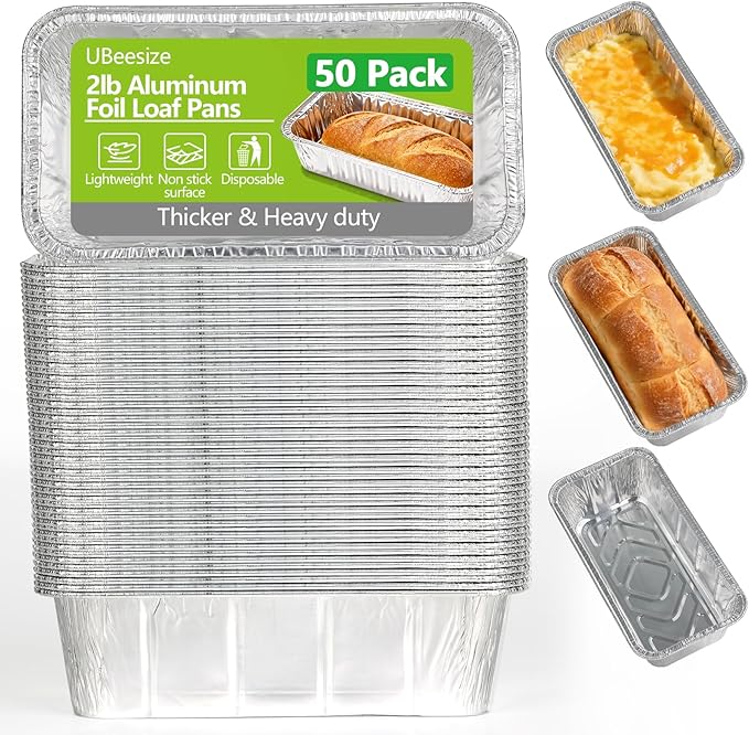 UBeesize 2Lb Thicker & Heavy Duty Disposable Aluminum Loaf Pans, 50 Pack Ultra Sturdy 8.5 x 4.5 Foil Bread Pans for Baking Banana Bread, Cakes, Meatloaf & Food Storage