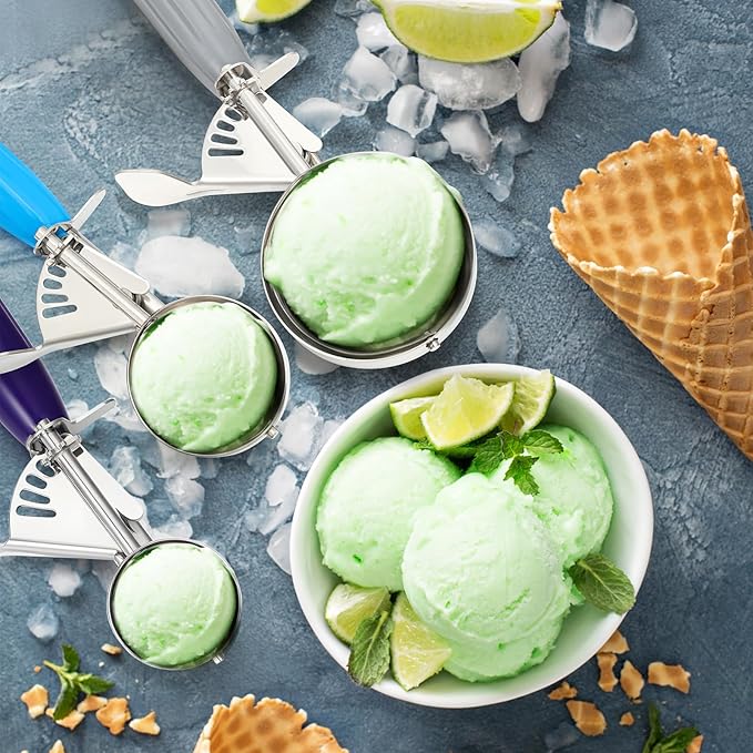Reallnaive 3 Pcs Release Cookie Scoops Ice Cream Scooper with Trigger Release Portion Scoop Stainless Steel for Portion Control, Baking Food, Cookie Dough (4 Oz+2 Oz+1 oz,Gray,Blue,Purple)