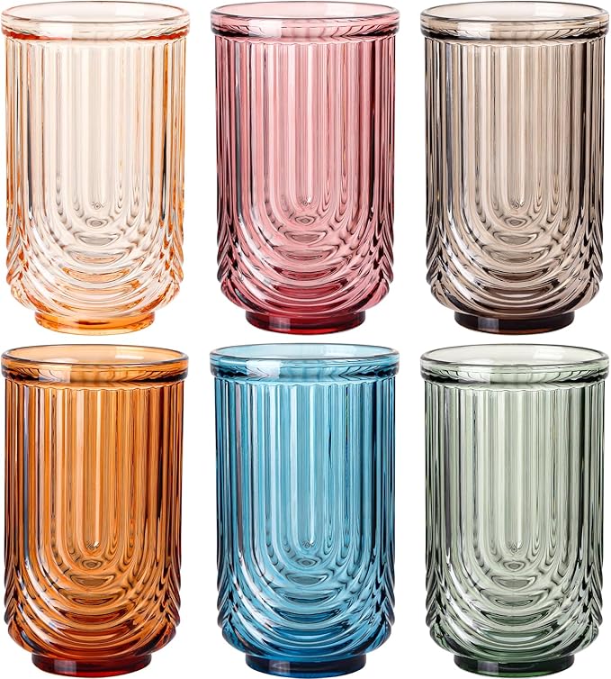 JOVGANK Colored Vintage Glassware Set of 6-17Oz Colorful Water Drinking Glass, Art Deco Ripple Highball Glass, Whiskey Cocktail Glasses, for Bar Ice Coffee Juice, Housewarming, Mother's Day Gift