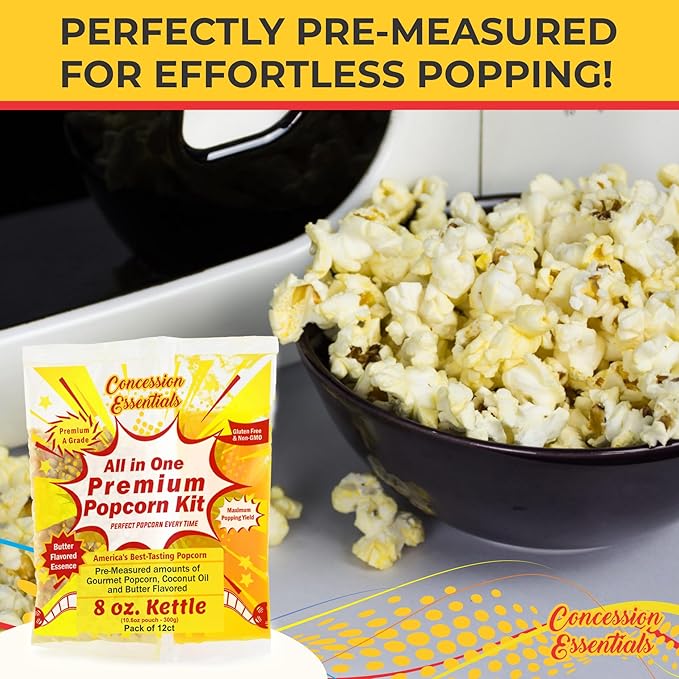 Concession Essentials 8oz Popcorn Portion Packs – Pre-Measured Kernels, Oil & Salt – Case of 12 Packs for Perfect Popcorn Every Time