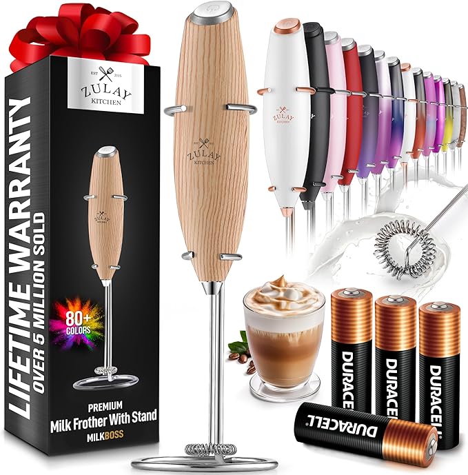 Zulay Kitchen Powerful Milk Frother Wand With 4 AA Duracell Batteries - Ultra Fast Handheld Drink Mixer - Electric Whisk Foam Maker for Coffee, Lattes, Cappuccino, Matcha & Creamer - Maple