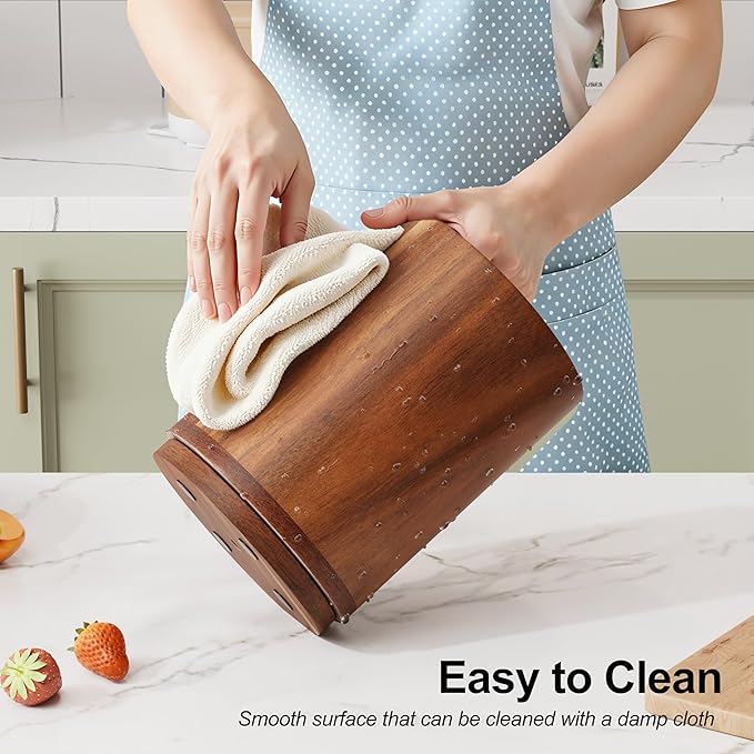 ZUJJAFY Utensil Holder, 360° Rotating Acacia Wood Kitchen Utensil Holder for Counter, 7.2" Large Cooking Utensil Crock for Countertop, Wooden Utensils Organizer for Cooking Spatula Storage