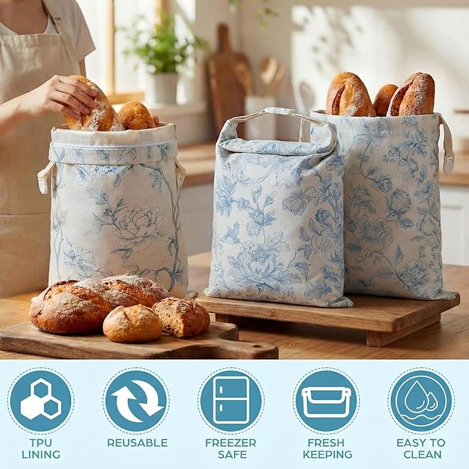 Tallew 3 Packs Beeswax Bread Bags for Sourdough, 17" x 13" XL Reusable Tpu Lining Beeswax Bread Bag, Food Storage Cloth Bag with Sealing Zip for Homemade Sourdough Freezer Freshness Preservation