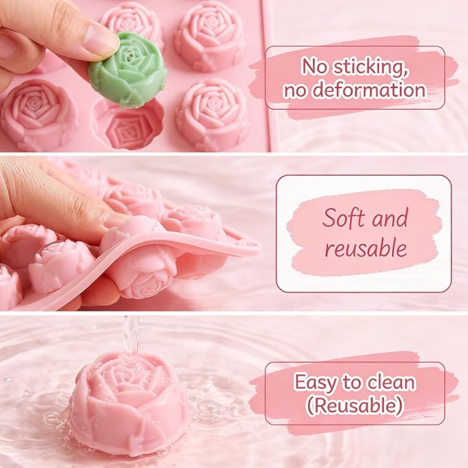 2 Pcs 15-Cavity Rose Flower Silicone Mold Non-Stick Fondant Molds for Cake Decorating Sugarcraft Candy Chocolate Ice Cube Resin Clay Kitchen Baking Tools