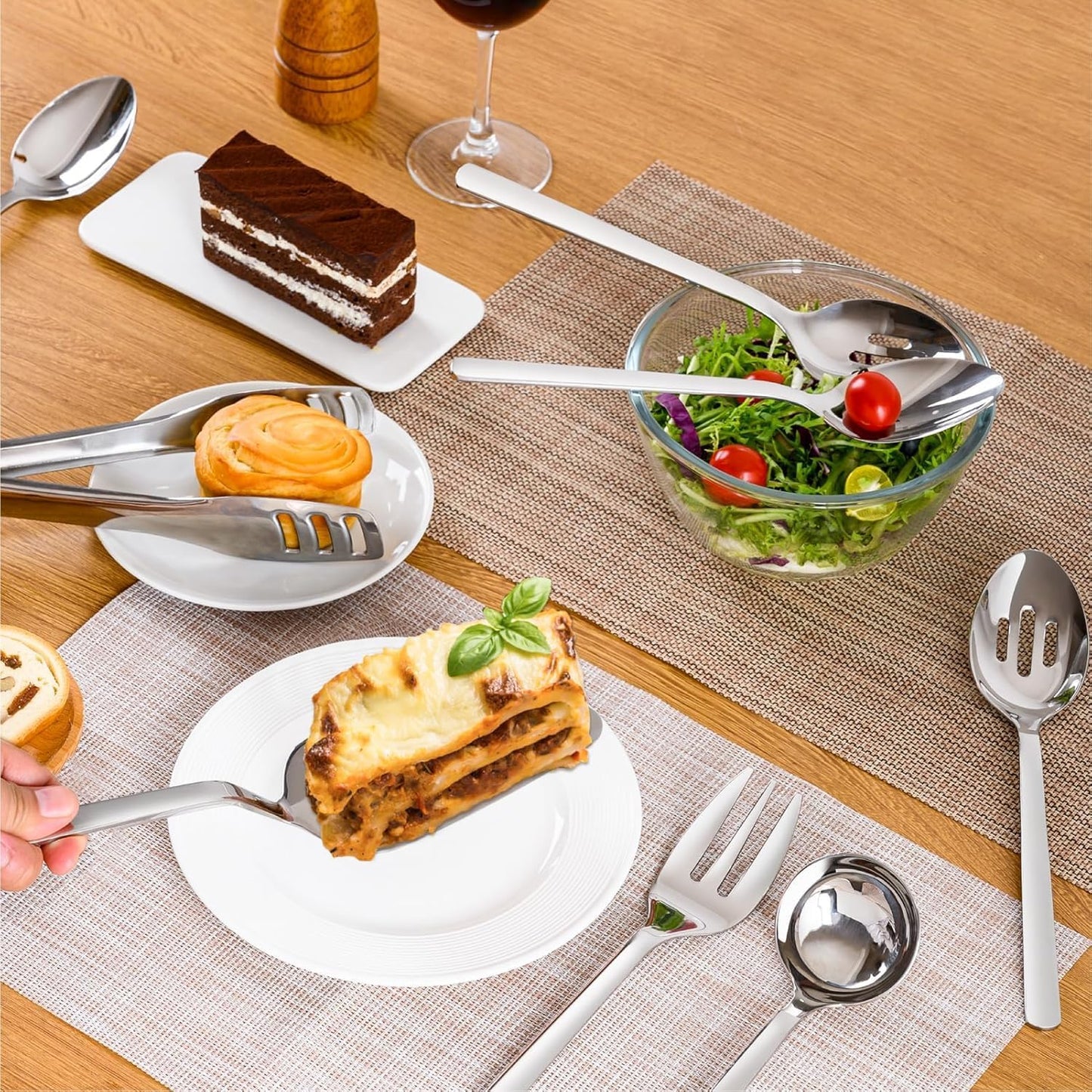 KINGSTONE Large Hostess Serving Utensils Set, 18/10 Stainless Steel -10 inch Serving Spoons, Slotted Spoons, Forks, Tongs, Cake Pie Server, Butter Knife, Sugar spoon for Buffet, Wedding, Party