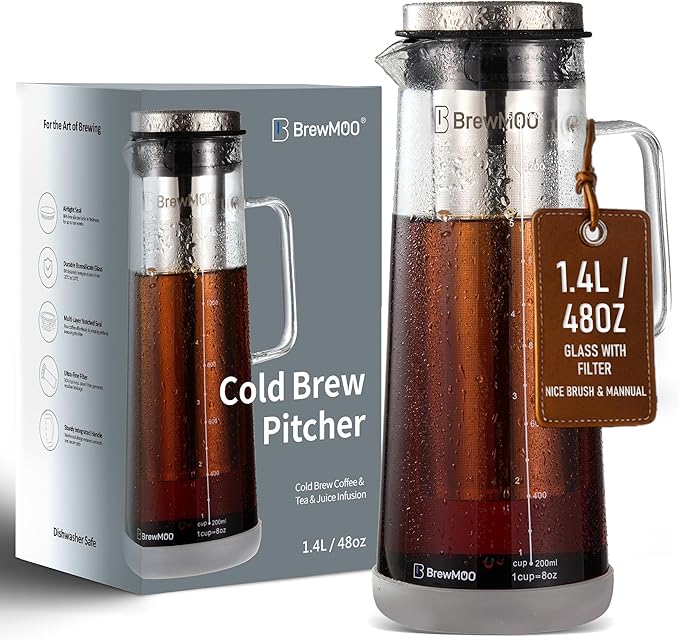 Cold Brew Coffee Maker Pitcher, 1.4L/48Oz Airtight Borosilicate Glass Carafe with 150 Mesh Precision Filter | Barista Grade Iced Coffee Maker, Integrated Glass Handle & Non Slip Base (Grey)