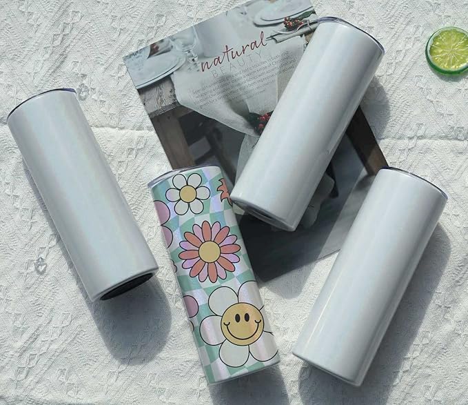 Glitter Sublimation Tumblers 20 Oz Skinny Straight, 8 Pack Stainless Steel Sublimation Glitter Shimmer Tumbler Blanks, Individually Boxed, White