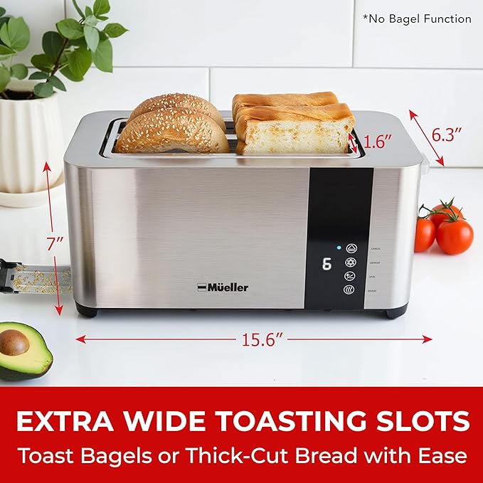Mueller UltraToast Stainless Steel Toaster 4 Slice – Extra-Wide 1.6" Slots for Artisan Bread, Bagels & Frozen Waffles, 6 Browning Levels, LED Display, Cancel/Defrost/Reheat, Removable Crumb Tray