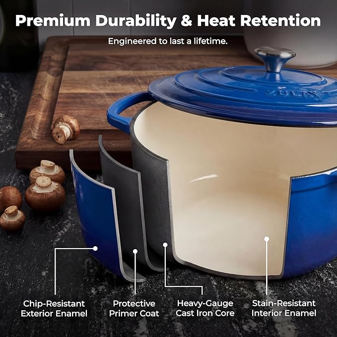 Zulay Kitchen 7.7 Quart Enameled Cast Iron Dutch Oven Pot with Lid – Premium Durability & Oven Safe up to 500°F – Heavy Duty Cookware Perfect for Bread Baking, Stews, Braising & Roasting – Blue