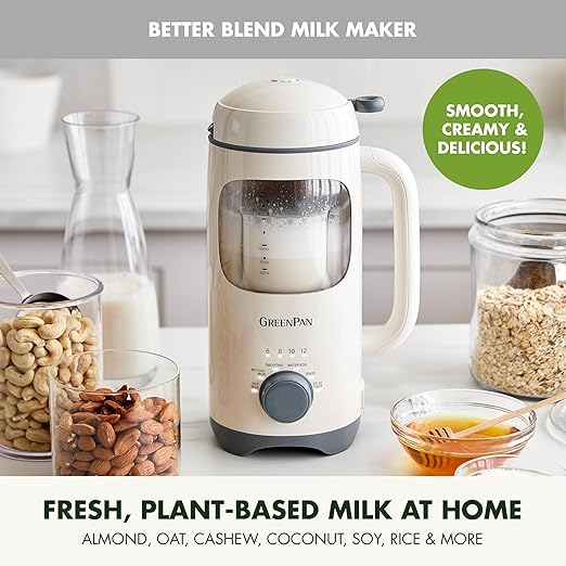 GreenPan Nut Milk Maker, 15-in-1 Homemade Soy, Almond, Oat, Coconut, Non-Dairy, Rice, Soup, Baby Food, BPA-Free, Smooth Creamy Texture, Self Clean, Barista Quality Milk, Delay Start, Boil Water, Cream