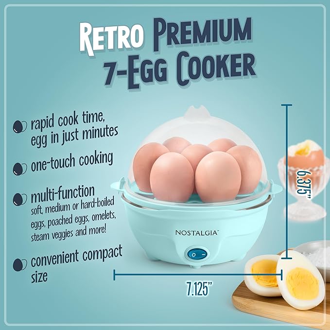 Nostalgia Retro Electric Large Hard-Boiled Egg Cooker, 7 Capacity, Poached, Scrambled, Omelets, Whites, Sandwiches, for Keto & Low-Carb Diets, Aqua