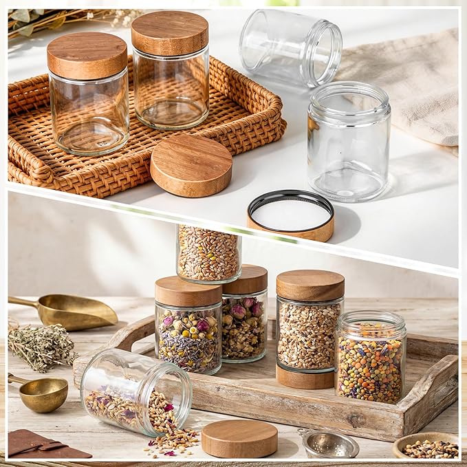Norme 24 Pcs 8oz Glass Jars with Lids Empty Small Glass Containers and Inner Liners Reusable Cosmetic Jars Round Airtight Bottles with Plastic Wood Grain Lids for Travel