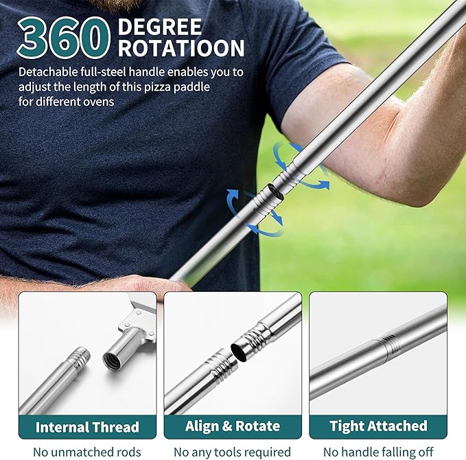 Stainless Steel Pizza Turning Peel 8-Inch, HaSteeL Round Pizza Turner Paddle, Perfortaed Pizza Spinner Spatula with Long Detachable Handle, Dishwasher & Oven Safe