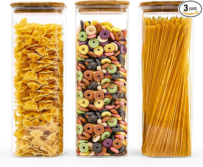 SHOWIN Glass Pasta Storage Jars Square 73oz, 3 Pack Glass Jars With Bamboo Lids, Tall Kitchen Storage Containers For Pasta, Storage For Pantry Organizers