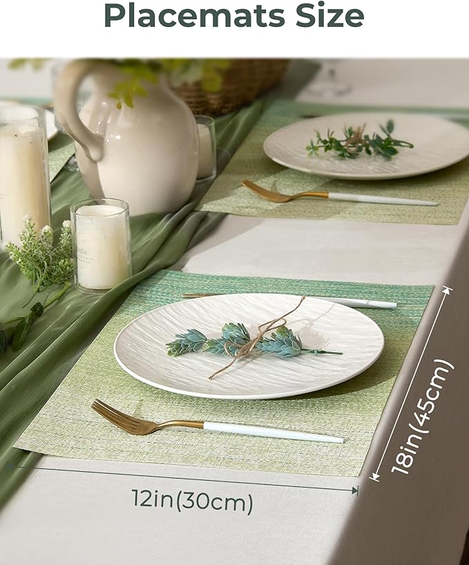 Leetaltree Gradient Green Woven Placemats Set of 12 - Heat Resistant Non-Slip Place mats for Dining Table, Washable Durable PVC Vinyl Woven Table Mats(Gradient Green, 12)