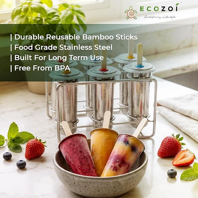 Ecozoi Stainless Steel Popsicle Molds, 6 Metal Ice Popsicle Makers, 30 Reusable Bamboo Sticks, 12 Silicone Seals and 1 Rack, Eco Popsicle Molds for Kids and Adults, 3 oz Per Mold (Round)