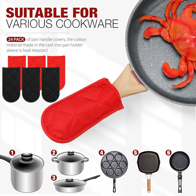 Dandat 24 Set Hot Handle Covers for Daily Replace Use Gift Pan Handle Sleeve Covers Heat Resistant Cast Iron Holder Sleeve Washable Handgrip Mitts for Christmas Kitchen Gifts Craft (Black Red)