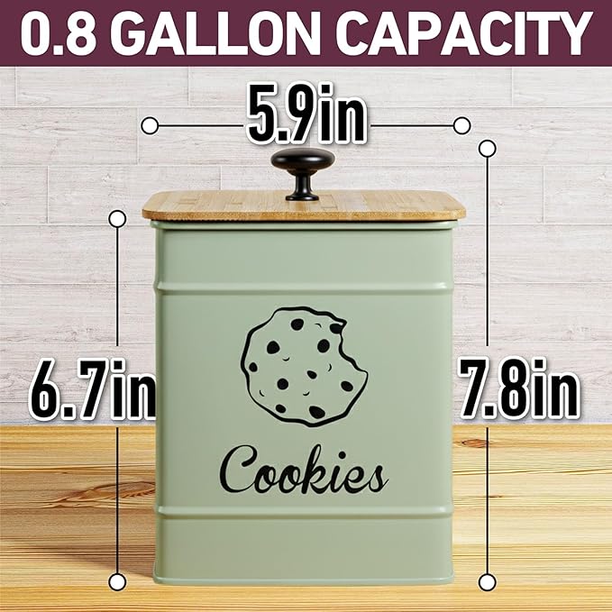 Cookie Jar with Airtight Lid - 1 Gallon - 6"D x 8"H Green Iron Cookie Tin with Bamboo Lid - Large Cookie Jars with Lids Airtight - Farmhouse Cookie Jars for Kitchen Counter Decorative - Cookies Jar