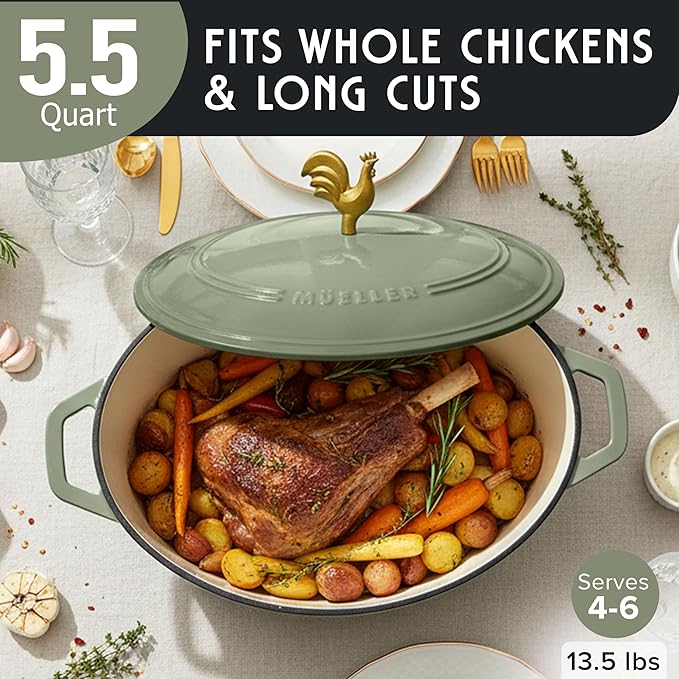 MUELLER HOME 5.5 Quart Enameled Cast Iron Oval Dutch Oven w Rooster Knob & Cotton Potholders, Heavy-Duty Cookware, Oven-Safe up to 500° F & Across All Cooktops, Gifts for Grandma & Women, Thyme Green