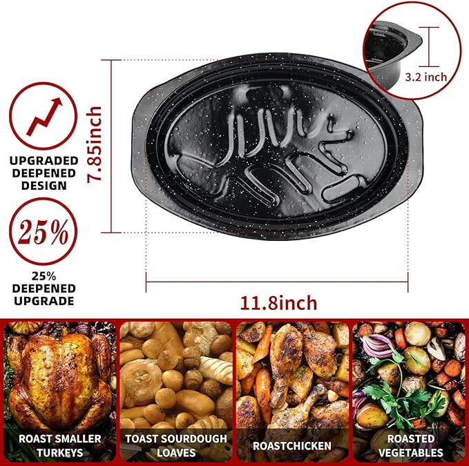 DIMESHY 13Inch Roasting Pan, Enamel on Steel, Black Covered Oval Roaster Pan with Lid, Small Cookware for Turkey, Small Chicken, Roast Baking Pan.