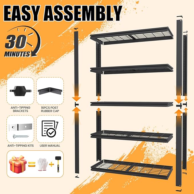 Heavy Duty Garage Shelving, Metal Storage Shelves, 5 Tier Adjustable Storage Shelves, Metel Shelving, Industrial Utility Rack for Garage, Warehouse, Workshop, 72" H×35" W×16" D
