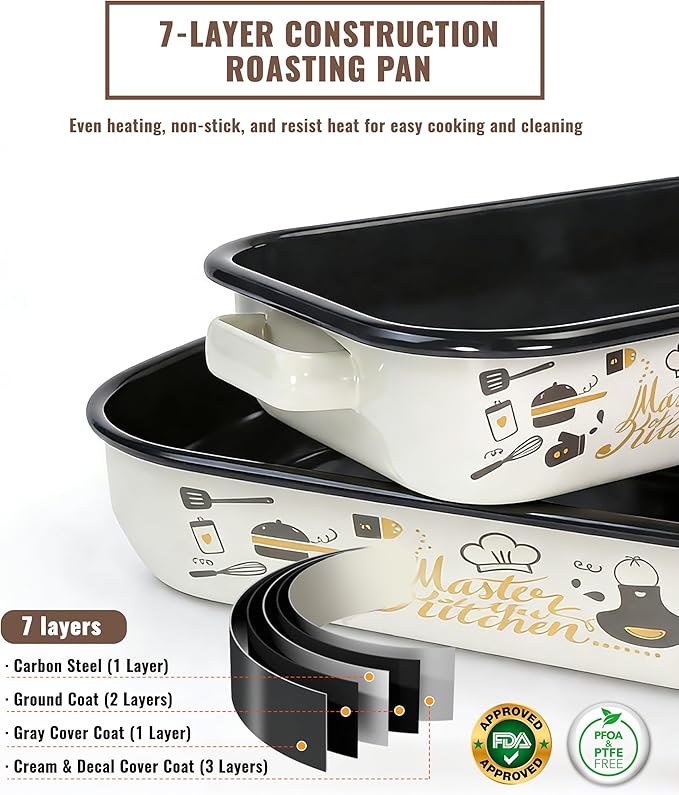 Roasting Pan with Rack & Handle 6-Piece Enamel Lasagna Baking Dish 14&17 Inch, 572°F High Temperature Resistance Dishwasher Safe Non-Stick Easy-To-Clean Steak Roaster Pan for Oven Gift Bakeware