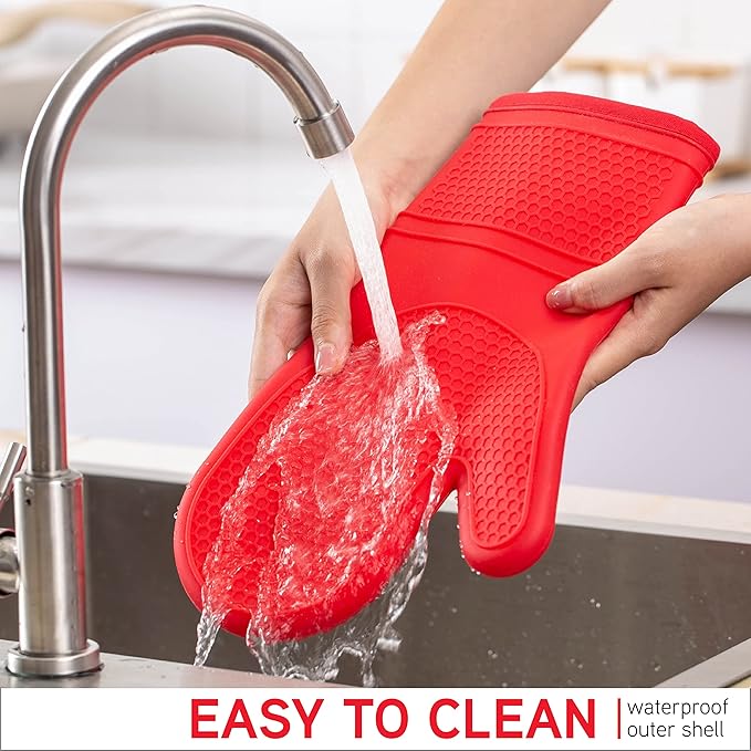 COOK WITH COLOR Silicone Oven Mitts- Heat Resistant Gloves with Soft Quilted Lining Oven Mitt Pot Holders for Cooking and BBQ, Red, Mitt Set