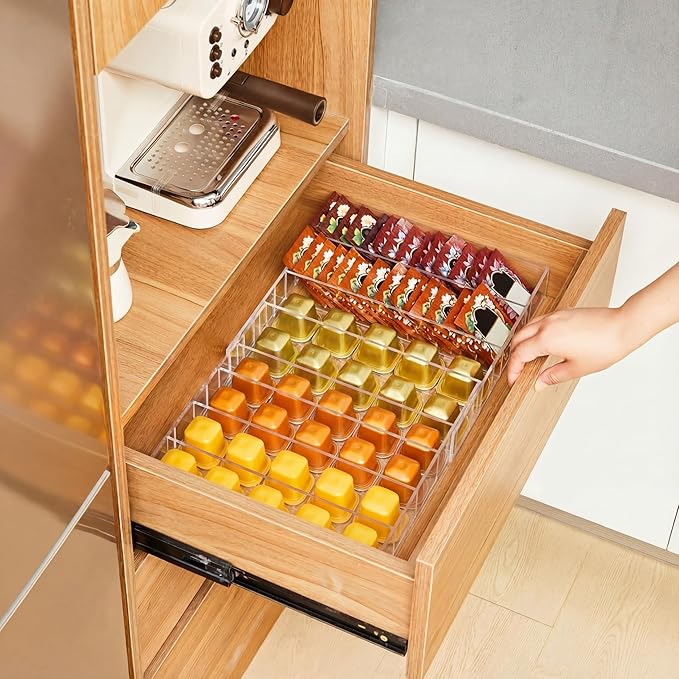 Briwooody Expandable Acrylic Coffee Pod Holder Holds 35 to 70 Capsules or 105 Tea Bags, Compatible with Capsules Coffee Pod Tea Organizer Drawer Organizer 10 Adjustable Compartment