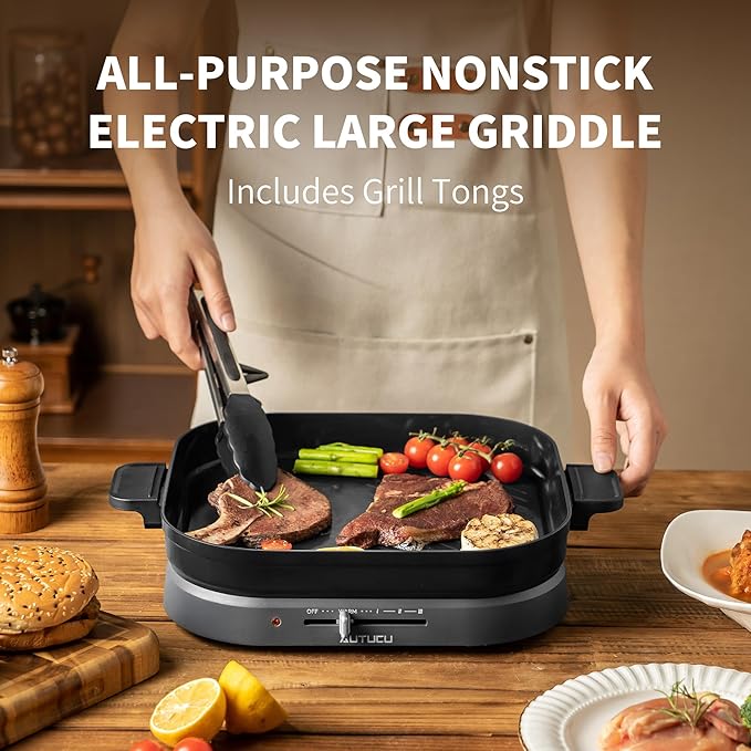 AUTUCU T2NA 2-in-1 Electric Griddle Nonstick Flat Grill, PFOA-Free Ceramic-Coated Surface | Easy to Clean, 1200W, Square 11.3" (Includes Tongs)