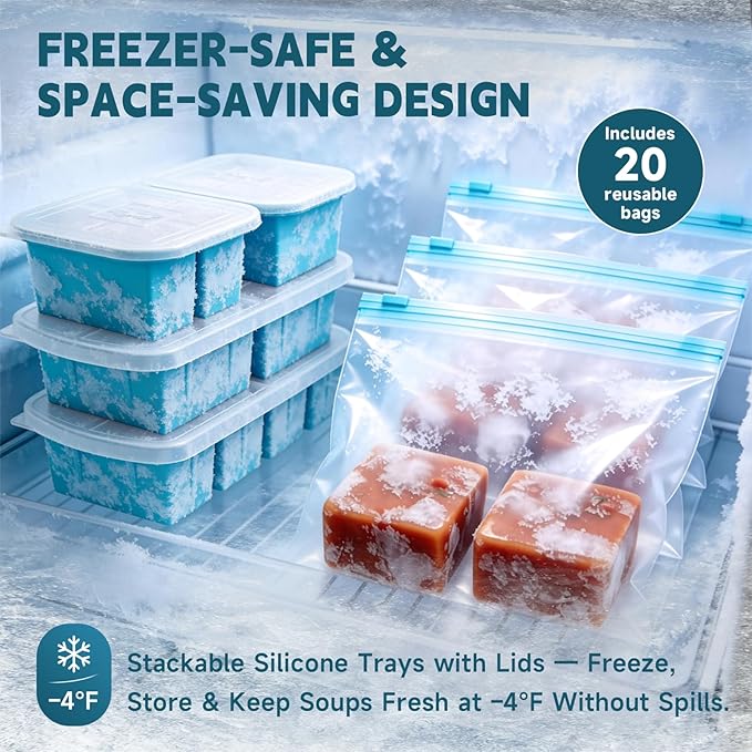 4-Pack Silicone Freezer Trays with Lid & 20 Bags - Multi-Size 1-Cup & 2-Cup Portions, Food-Grade Silicone Freezer Molds for Soup & Meal Prep - Freezer Storage Containers, Oven & Dishwasher Safe - Blue