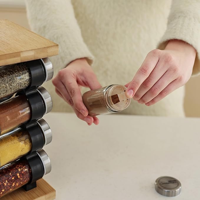 Orii 16 Jar Rotating Bamboo Spice Rack with Spices Included & 5-Year Spice Refill Program – Compact Countertop Spice Rack with Glass Jars
