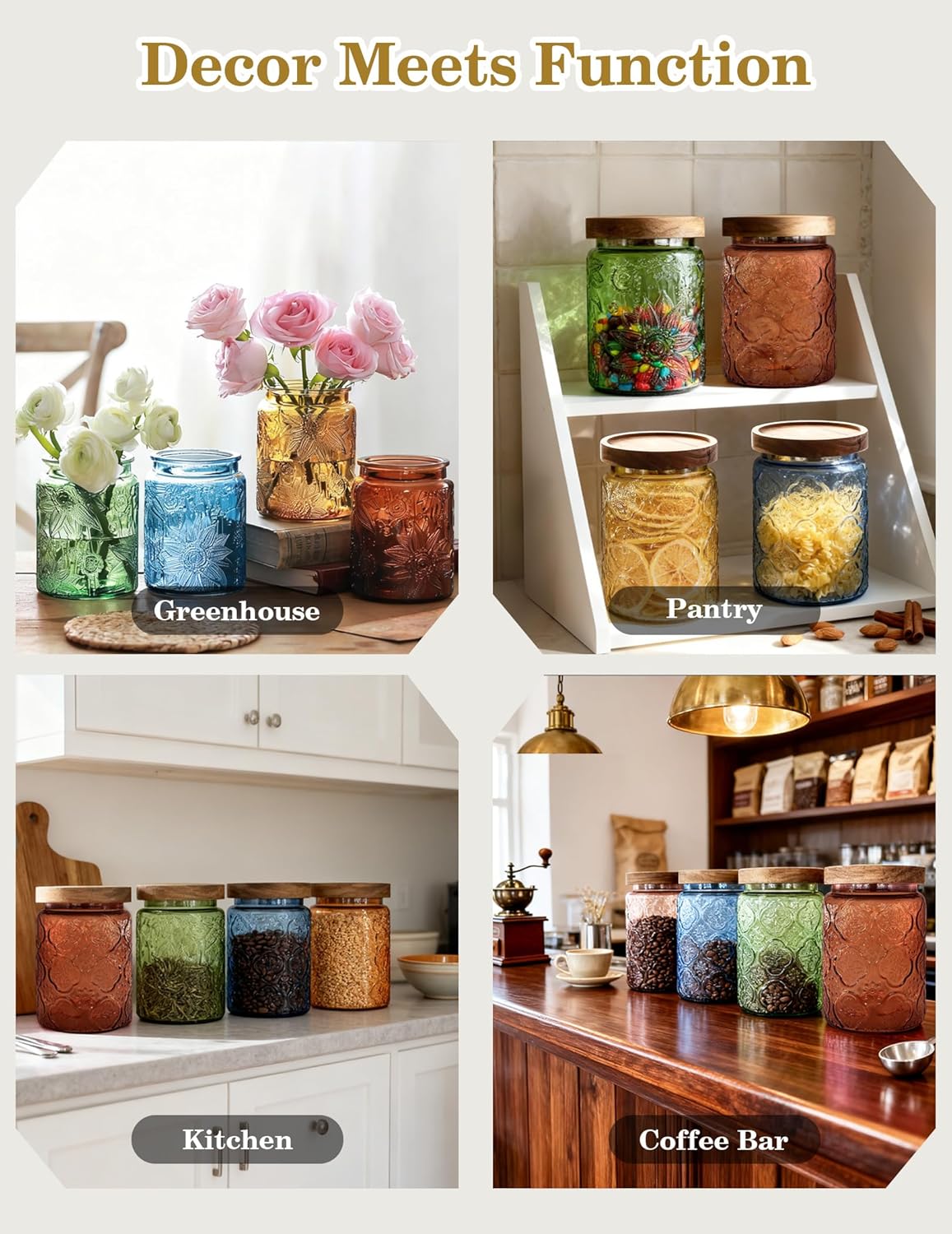 Glass Jars with Airtight Wood Lids – 24 OZ Kitchen and Pantry Canisters Sets, Decorative Vintage Storage Containers for Candy, Coffee, Cookie, Cereal, Flour, Sugar, Tea, Set of 4 Sunflower