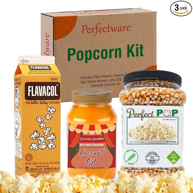 Perfectware Popcorn Kit- (Includes 35oz Popcorn Season Salt, 4lbs Yellow Kernels, and 32oz Butter Flavored Coconut Oil, Plain,PW-Popcorn Kit-3