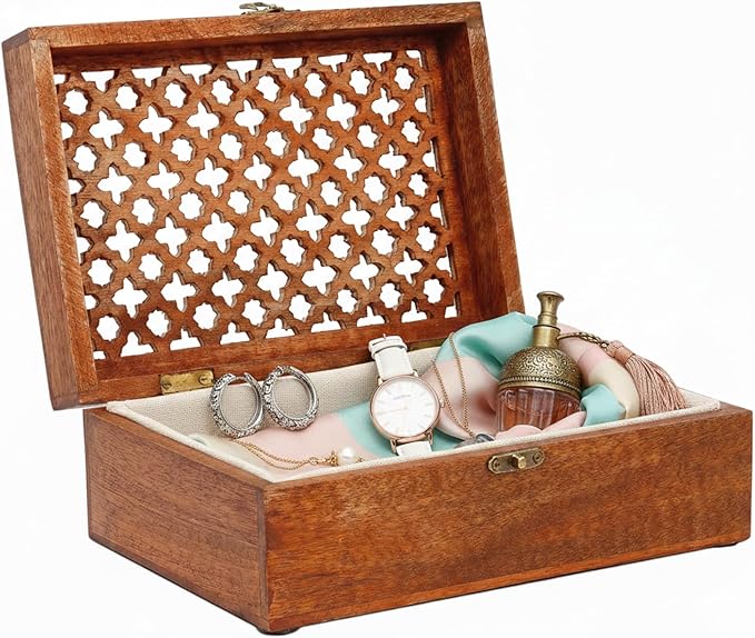 Mela Artisans Extra Large Wooden Keepsake Box | Medium Polish Memory box, Handcrafted Decorative Storage chest for Jewelry, Photos & Trinkets | Vintage Style storage Box | Trellis Design |10.5x7.5x4’’