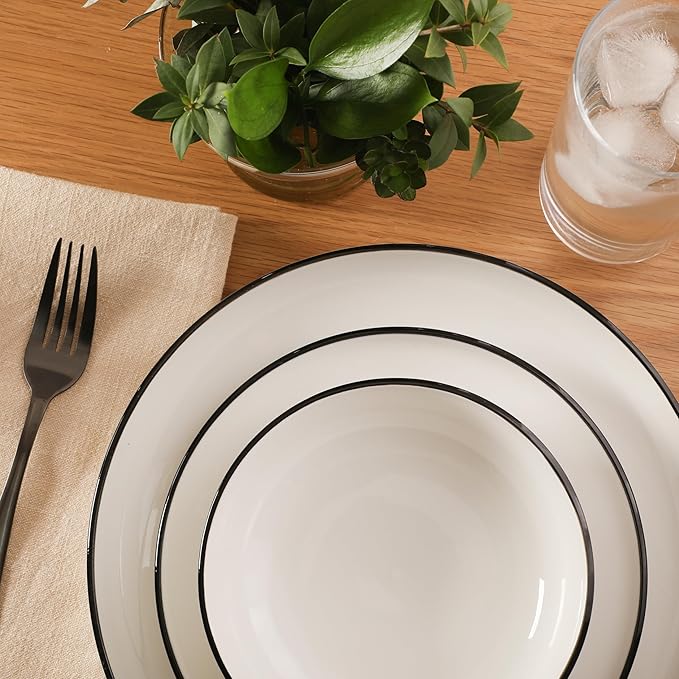Gibson Home Havenstone 12-Piece Porcelain Dinnerware Set – Dinner Plates, Salad Plates & Bowls, Classic White With Black Rim Everyday Dish Set for Home, Kitchen, Microwave & Dishwasher Safe