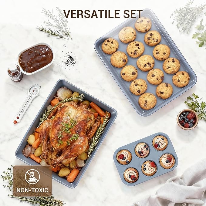 Ammeloo 22-Piece Baking Pans Set Stackable Bakeware Non Stick Baking Set Non Toxic Oven Pans, Including Roasting Pan, Cookie Sheets, Muffin Pans, Cake Pans, Oven Mitt and Utensils(Gray & Hunter Green)