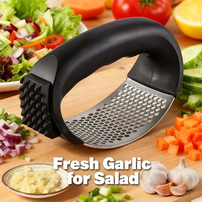 Garlic Press Rocker Stainless Steel Ginger Crusher, Garlic Mincer and Squeezer Kitchen Gadget with Ergonomic handle, Silicone Tube Garlic Peeler, Scraper and Cleaning Brush Tool Set(Black)