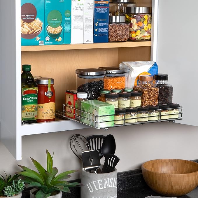 Pull-Out Cabinet Spice Rack Organizer - Slim Slide-Out Storage for Spices, Bottles & Jars, Premium Heavy-Duty Steel, Easy Install for Narrow Kitchen Cabinet - 16 ⅜ W x 10 ½ D x 2 ¾ H, Chrome