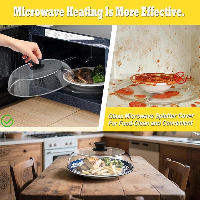 10in Glass Microwave Splatter Cover for Food, 10in Glass Microwave Cover for Food, Microwave Plate Lid with Vent Holes & Easy-Grip Handle, Dishwasher Safe, No Plastic, Food Grade,