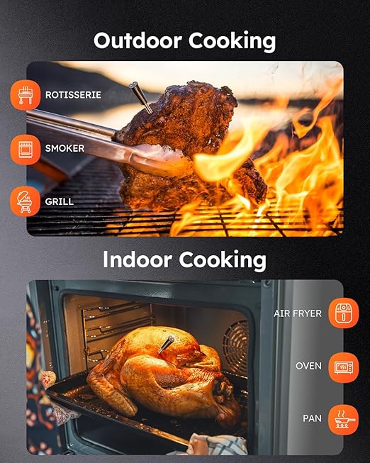 Wireless Meat Thermometer with App Control, 600FT Bluetooth Range, Dual Probes & 6 Sensors, 0.5S Instant Read, LCD Display, IP67 Waterproof Real-Time Monitoring & Smart Alerts for BBQ, Grill, Oven