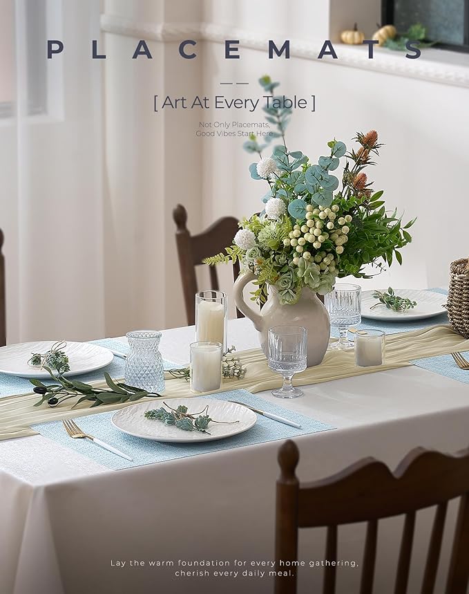 Leetaltree Soft Sky Blue Woven Placemats Set of 12 - Heat Resistant Non-Slip Place mats for Dining Table, Washable Durable PVC Vinyl Woven Table Mats(Sky Blue, 12)