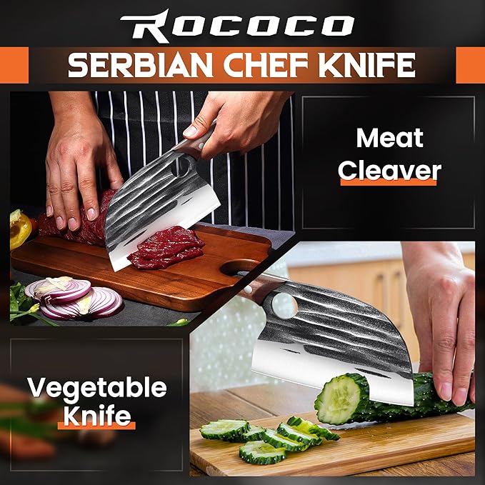 ROCOCO Serbian Chef Knife Butcher Cleaver Knife with Sheath for Kitchen Outdoor BBQ Camping Birthday Father Mother Christmas Gift Men 6.2"