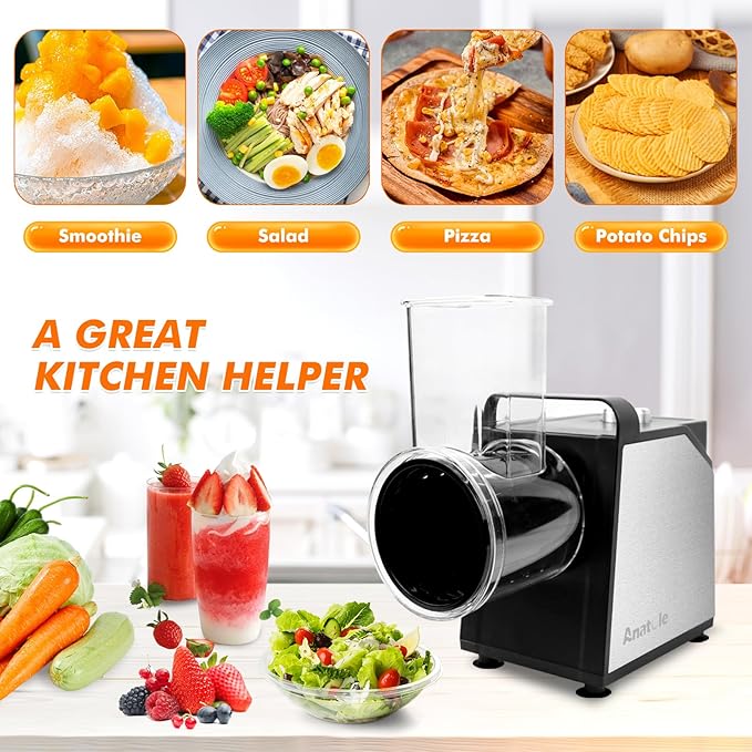 Anatole Electric Cheese Grater 7 Blades Ice Shaver Stainless Steel Vegetable Shredder 250W BPA-Free 110V