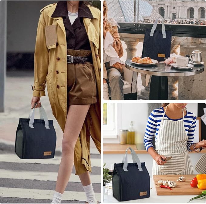 Mziart Minimalist Lunch Bag, Reusable Insulated Lunch Box for Women Men Leakproof Simple Bento Tote Adults Cooler Bag for Work Office Picnic or Travel (Black)