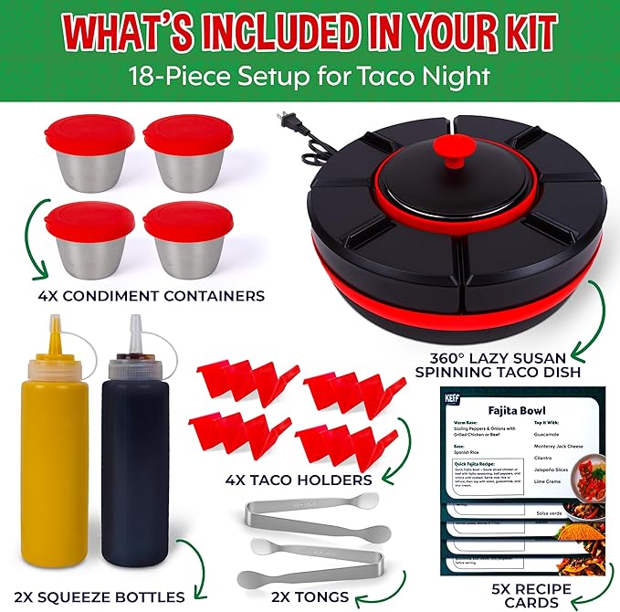 KEFF Taco Tuesday Kit - Taco Bar Serving Set for a Party, Lazy Susan Serving Dish 6 Sections, 4 Tacos Holder, Condiment Containers, Squeeze Bottles, Tongs, Recipes & Instructions - Tailgate Essentials